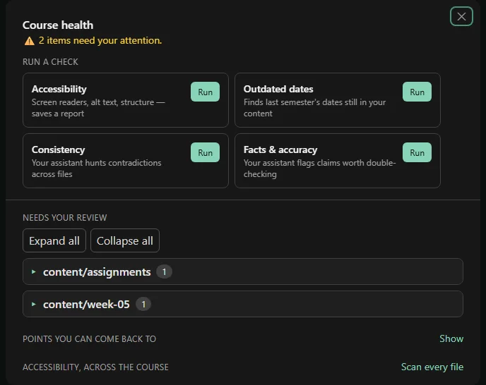 The CourseOps course health panel: run checks for accessibility, outdated dates, consistency, and facts and accuracy.