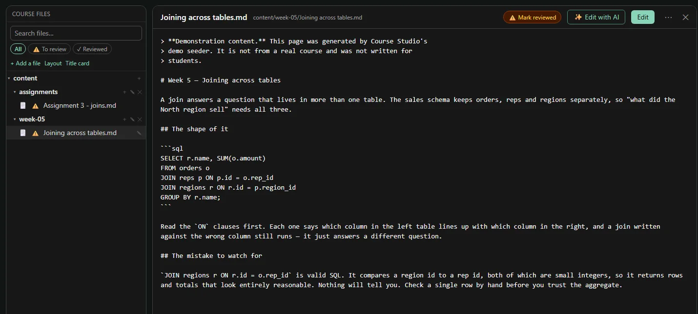 A week-five lesson on joining tables open in CourseOps, with the course files on the left and review and edit-with-AI controls at the top.