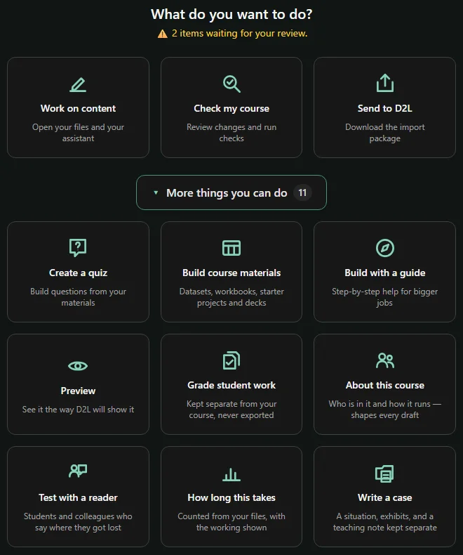 The CourseOps course screen: work on content, check my course, send to D2L, and eleven more things you can do, from creating a quiz to grading student work.