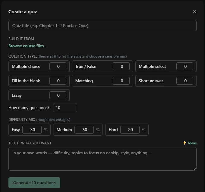 The create-a-quiz form: question types, how many questions, a difficulty mix and a free-text brief.