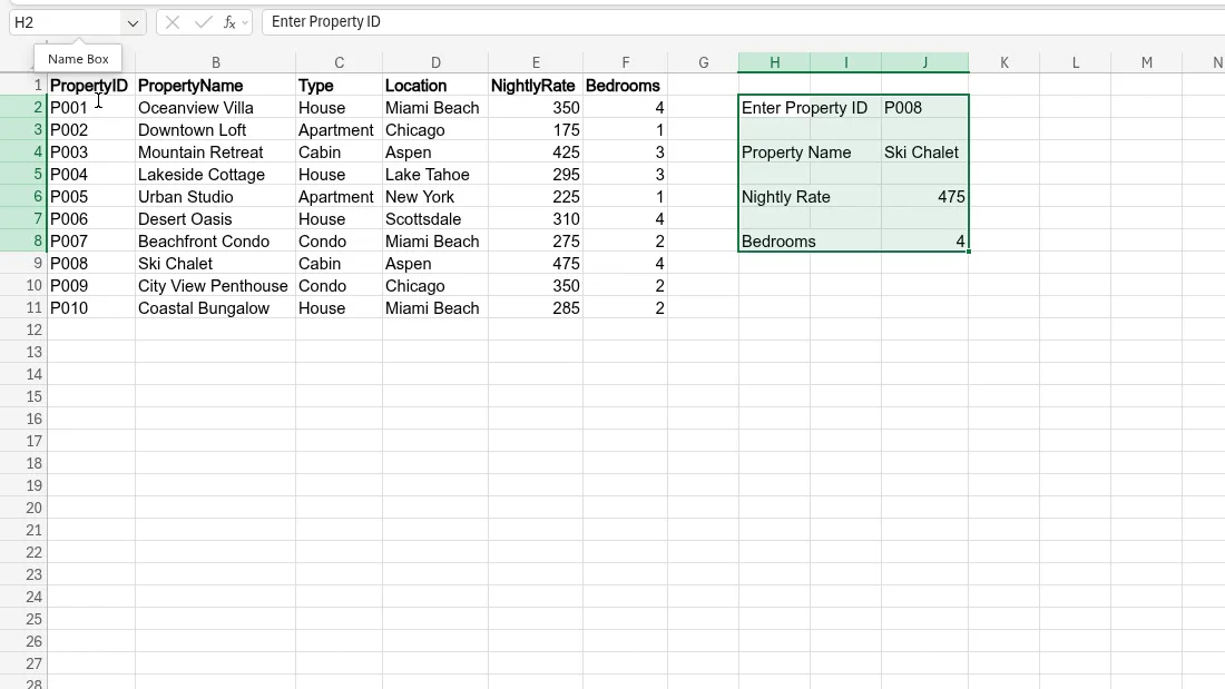 An Excel Online tutorial frame: a property lookup built with XLOOKUP returning the name, rate and bedrooms.