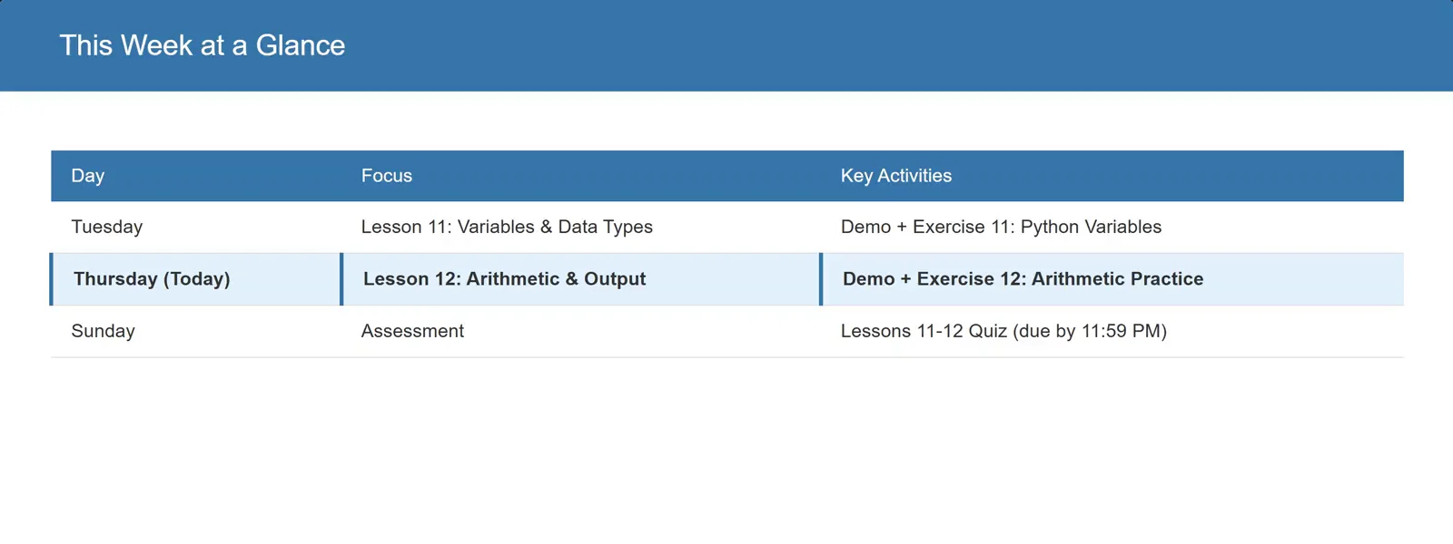 A narrated lecture slide: this week at a glance, with the day, focus and activities.